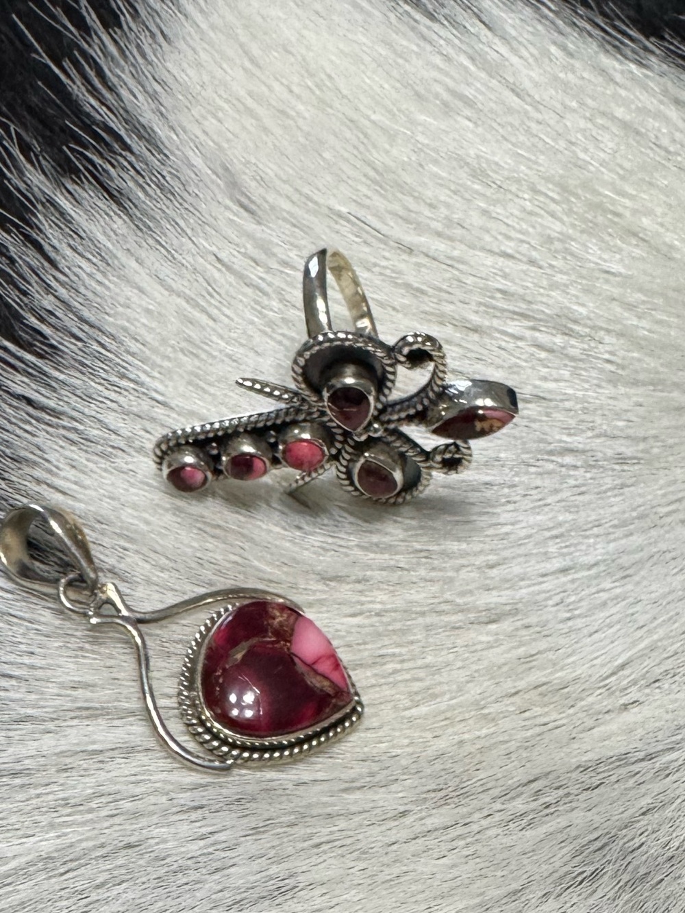 Sterling Silver and Red Dahlia Pendant and  Ring Size 8